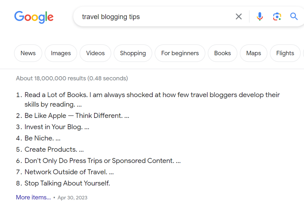 travel blogging tips search
