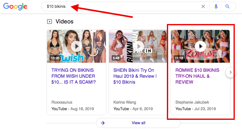 video SERP for a keyword