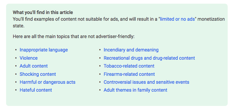 youtube content not suitable for ads