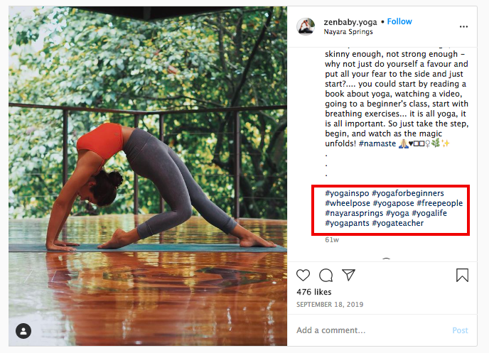 hashtag example in zenbaby.yoga post