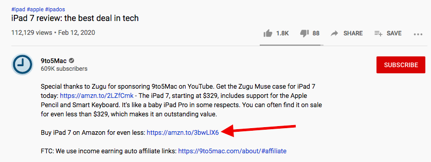 affiliate links in YT video description