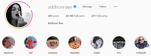 addison rae instagram bio with highlights