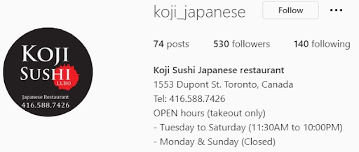 koji business instagram bio with contact info