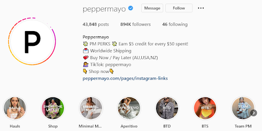 peppermayo instagram bio with instagram shopping