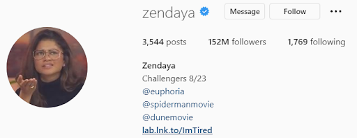 zendaya instagram bio
