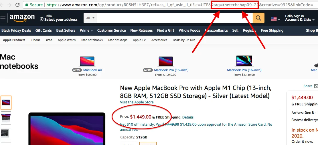 amazon product page with affiliate link tracking