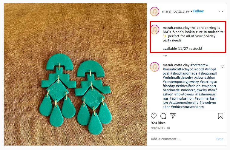 marah.cotta.clay selling her jewelry products via her instagram profile